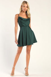 Fanciful Flirt Royal Blue Satin Cowl Neck Skater Mini Dress