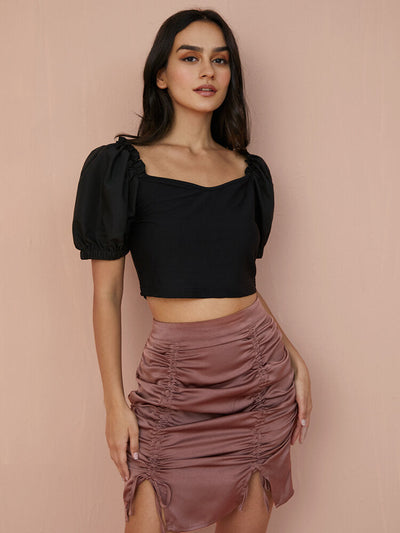 Solid Puff Sleeve Square Collar Crop Top For Women