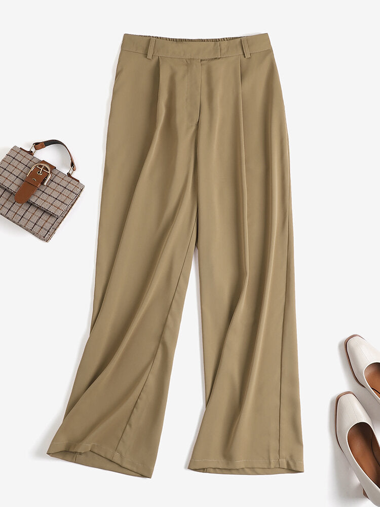 Solid Pocket Elastic Waist Back Pants For Women