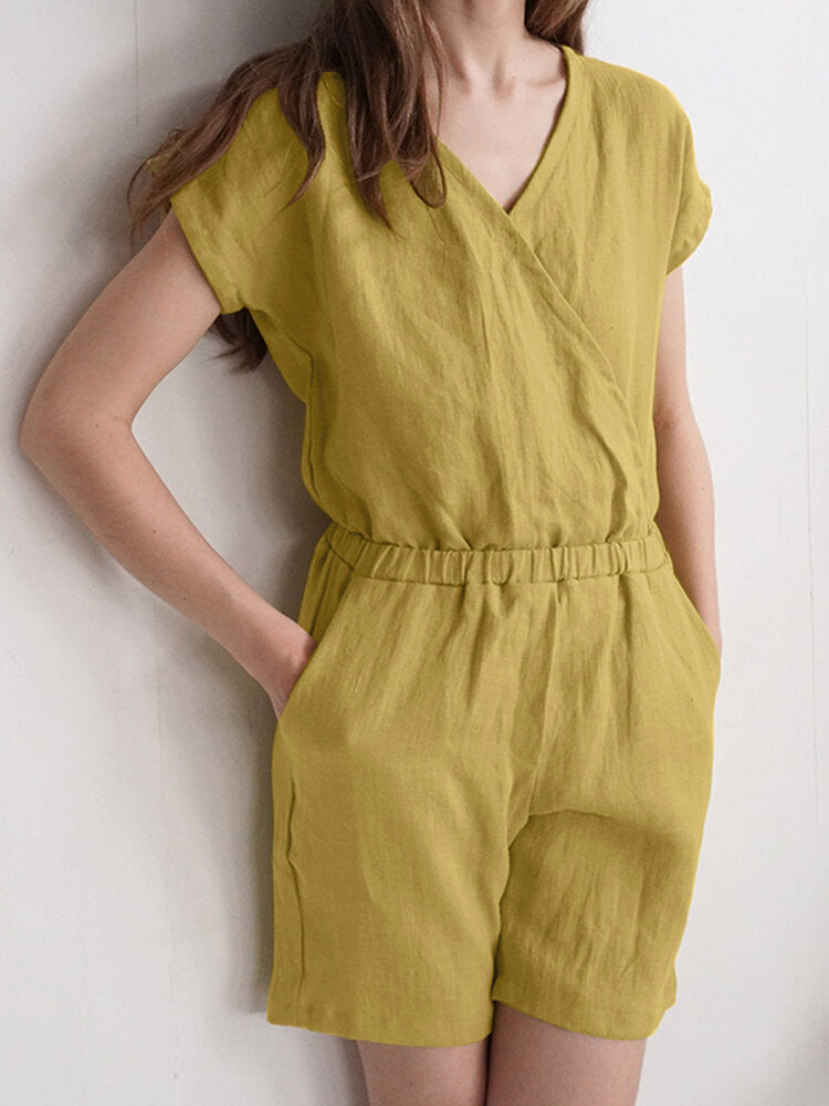 Solid Wrap V-neck Pocket Short Sleeve Casual  Women Romper