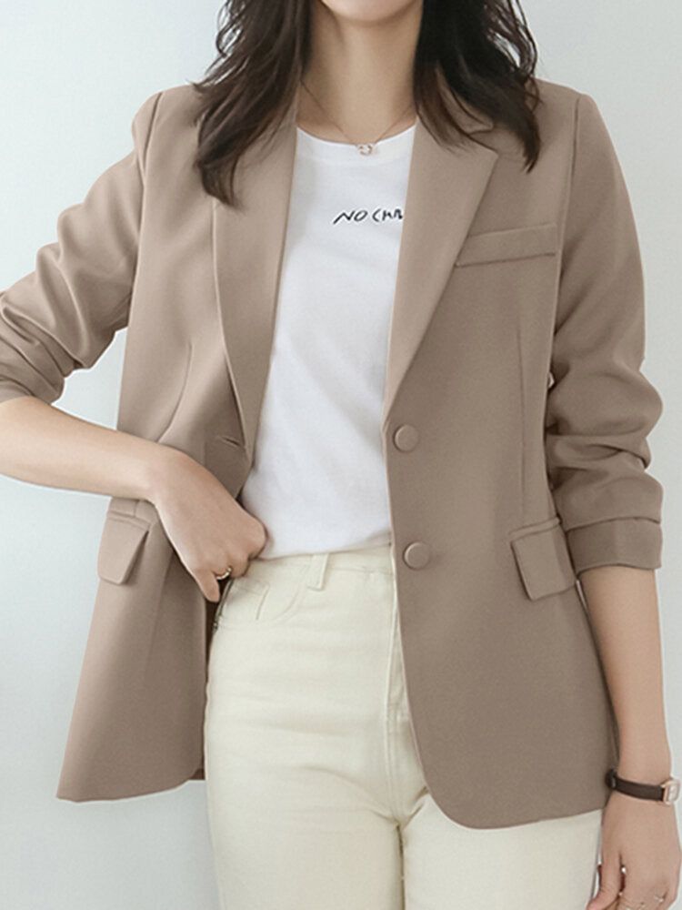 Women Solid Long Sleeve Button Front Lapel Blazer