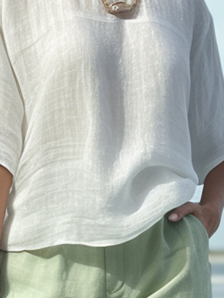 Women Solid Crew Neck Cotton Casual Half Sleeve Blouse