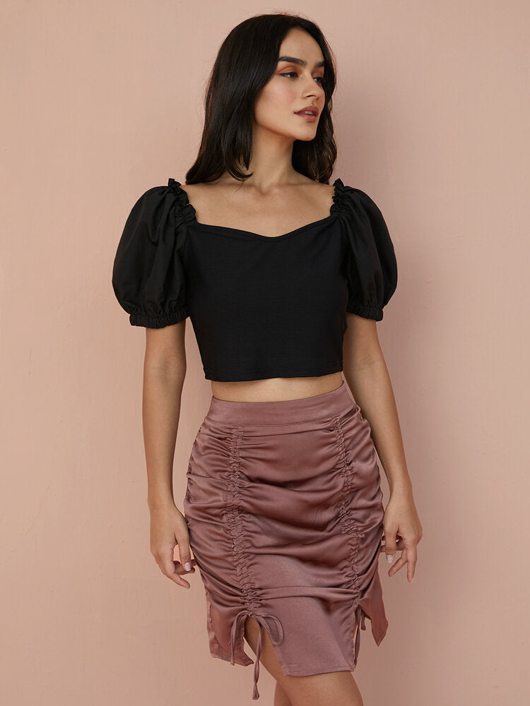 Solid Puff Sleeve Square Collar Crop Top For Women