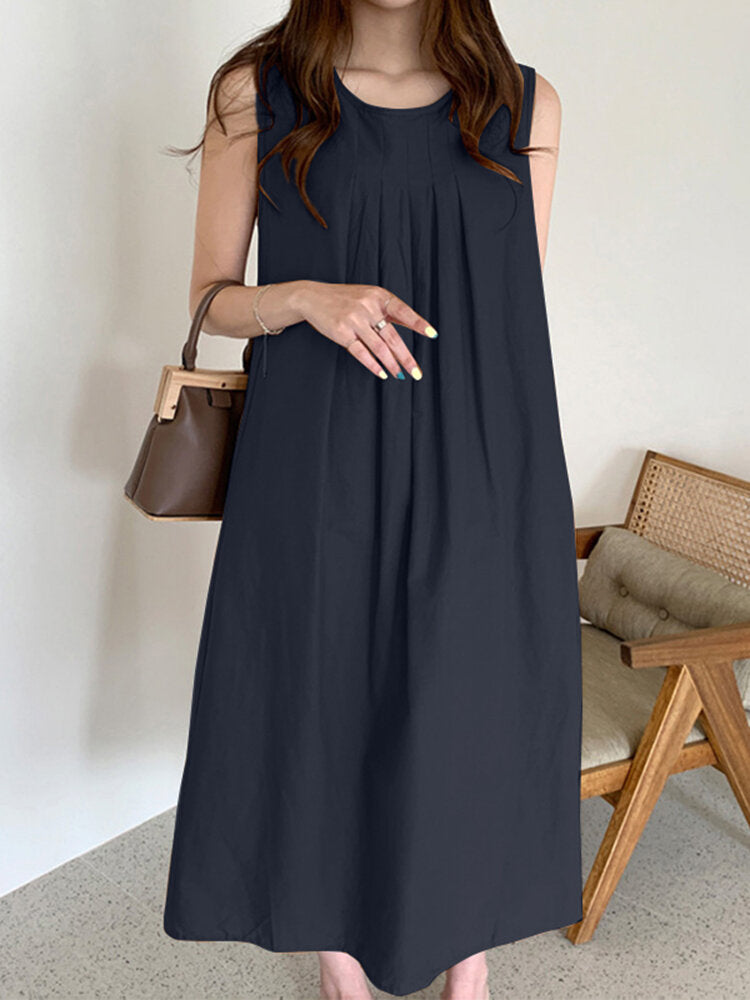 Solid O-neck Pleated Sleeveless Pocket Women Casual Dress