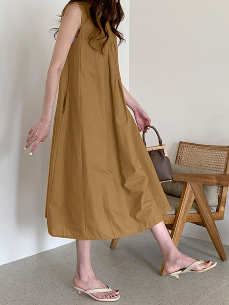 Solid O-neck Pleated Sleeveless Pocket Women Casual Dress