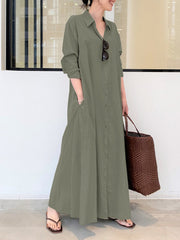 Solid Color Pocket Button Long Sleeve Casual Dress for Women