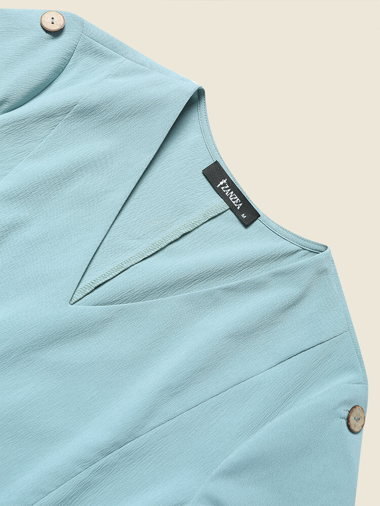 Women Solid Dual Pocket V-neck Short Sleeve Dress