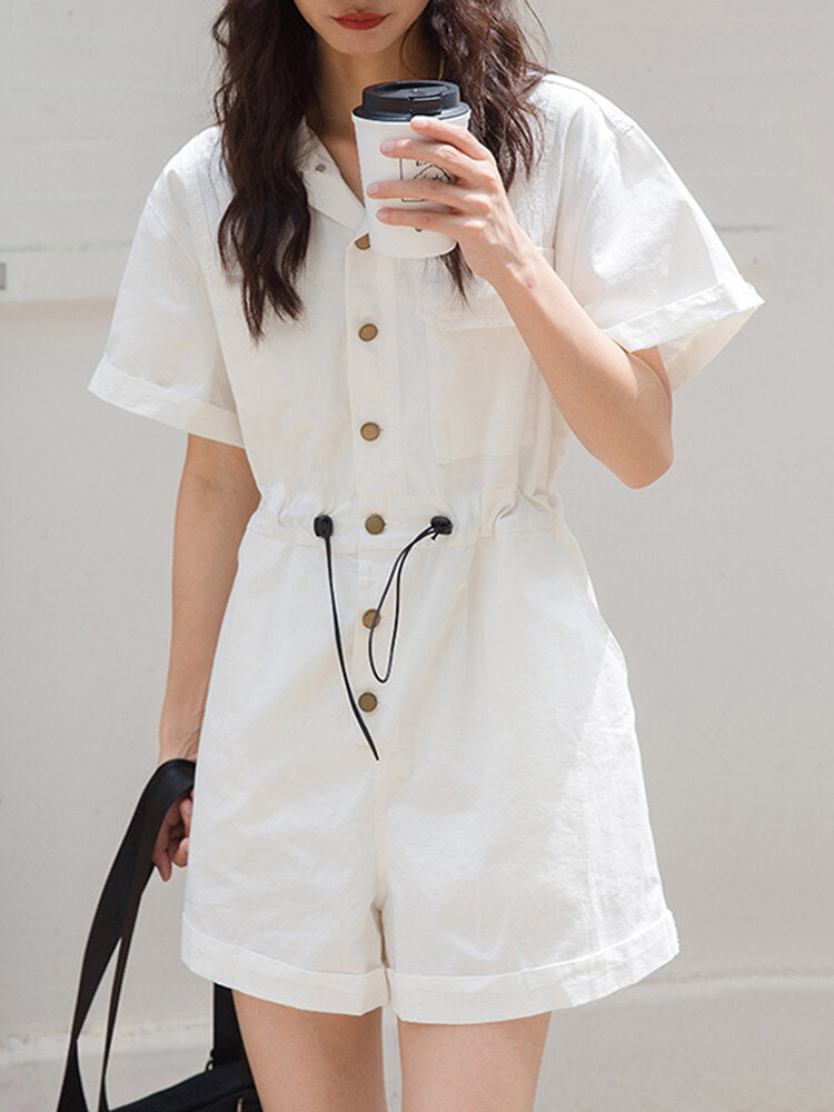 Solid Drawstring Waist Pocket Lapel Short Sleeve Cargo  Women Romper