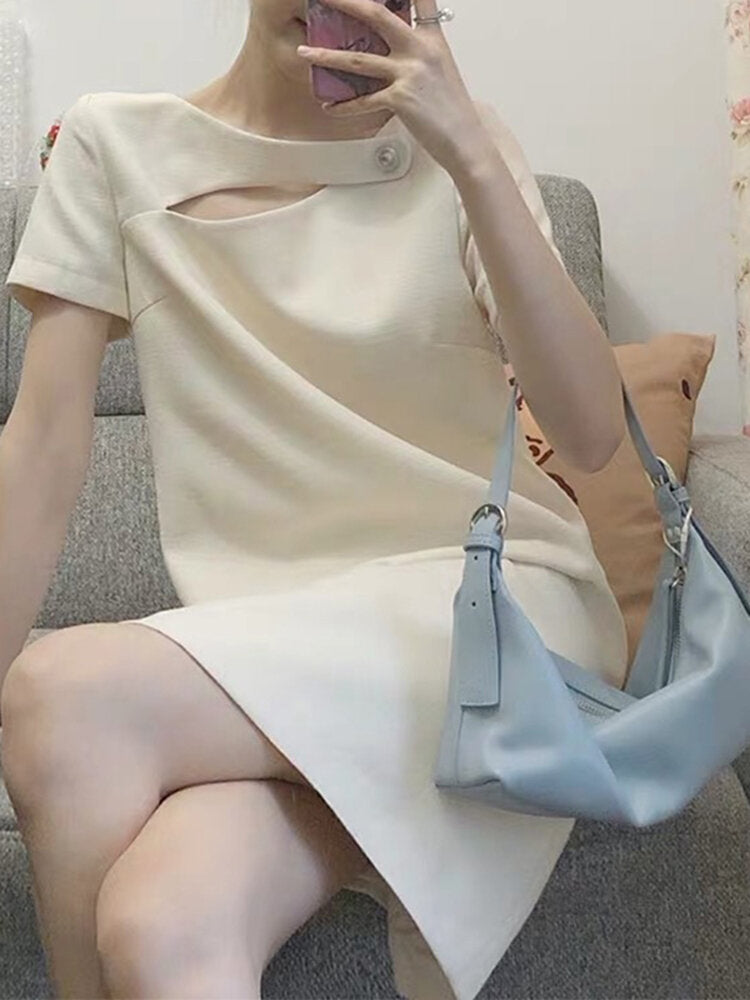 Solid Short Sleeve Hollow Crew Neck Casual Women Dress