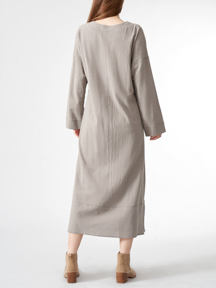 Solid Slit Hem Long Sleeve Crew Neck Vintage  Women Dress