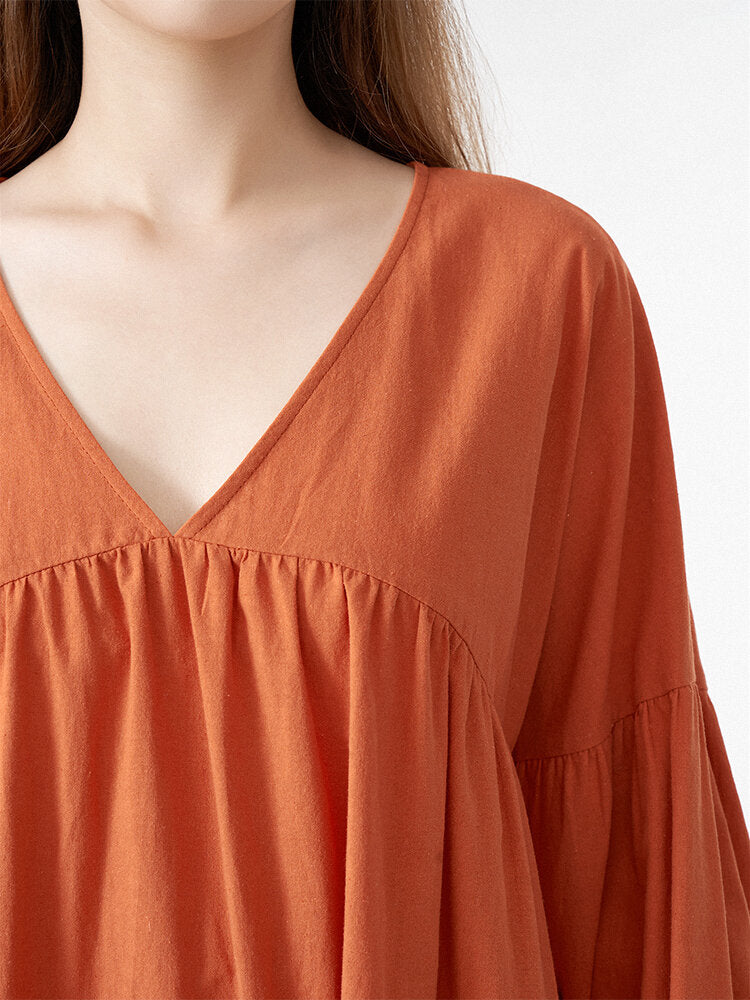 Solid V-neck Loose Casual Long Sleeve Women Dress
