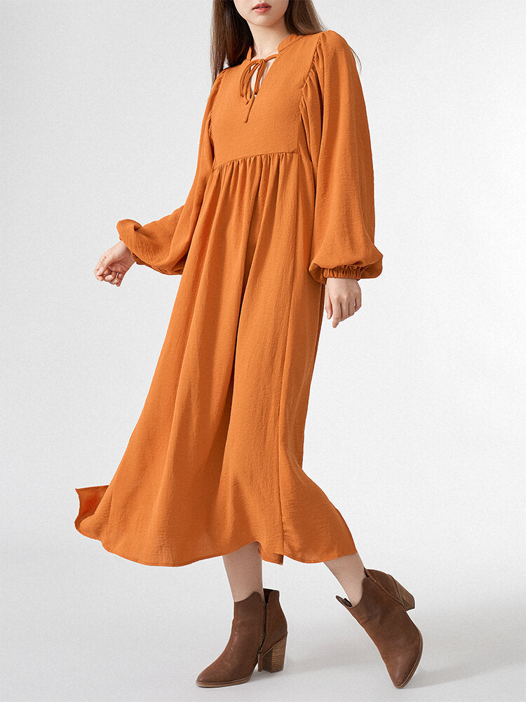 Solid Slit Tie Front Long Sleeve V-neck Casual Women Dress