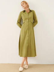 Solid Long Sleeve Button Front Lapel Women Dress