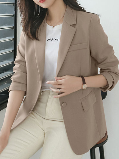 Women Solid Long Sleeve Button Front Lapel Blazer