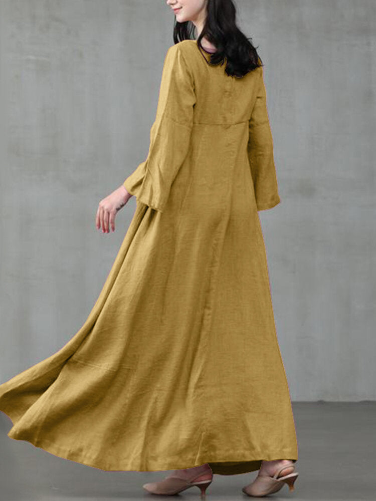 Solid Color A-Line Maxi Dress with Long Sleeves