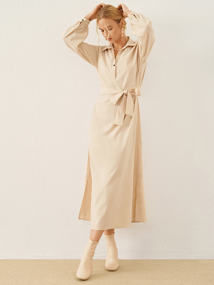 Solid Long Sleeve Button Lapel With Belt Women Dress