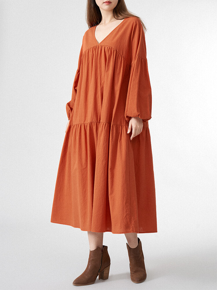 Solid V-neck Loose Casual Long Sleeve Women Dress