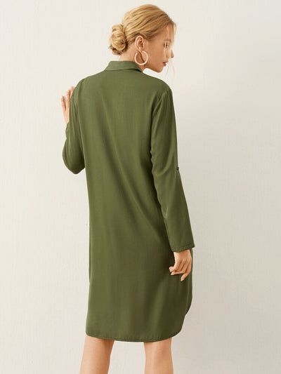 Solid Long Sleeve Button Front Lapel Women Dress