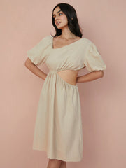 Solid Cut Out Asymmetrical Neck Puff Sleeve  Women Dress