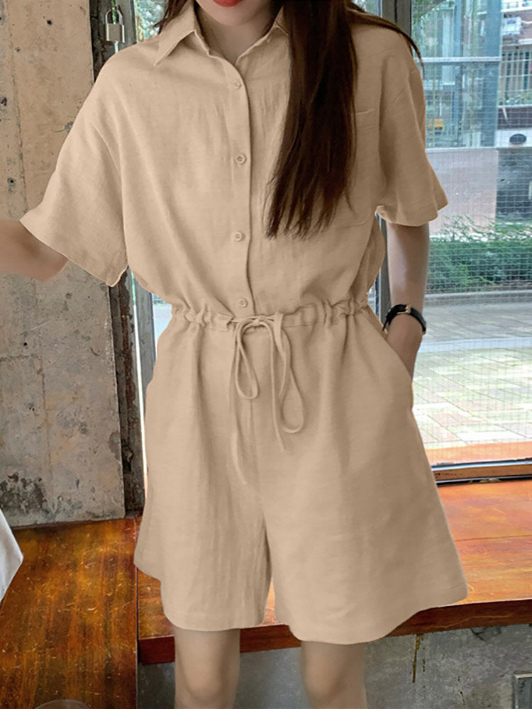 Solid Drawstring Waist Pocket Button Front Lapel Cargo  Women Romper