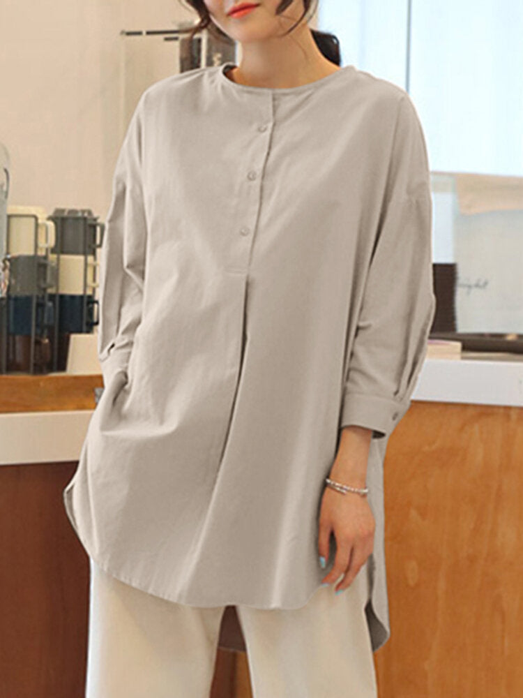 Solid High-low Hem Loose Long Sleeve Blouse