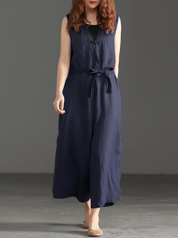 Women V-neck Belted Flare Overalls Jumpsuits