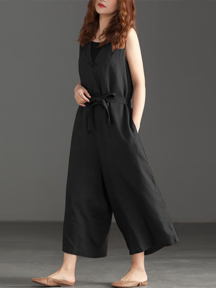 Women V-neck Belted Flare Overalls Jumpsuits