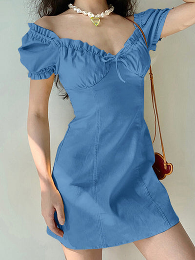 Solid Puff Sleeve Tie Front Lettuce Edge  Women Dress