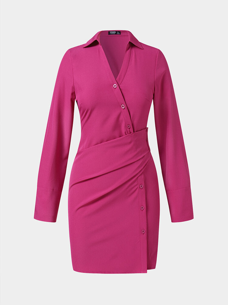 Solid Color Button Front Lapel Collar Long Sleeve Women Dress