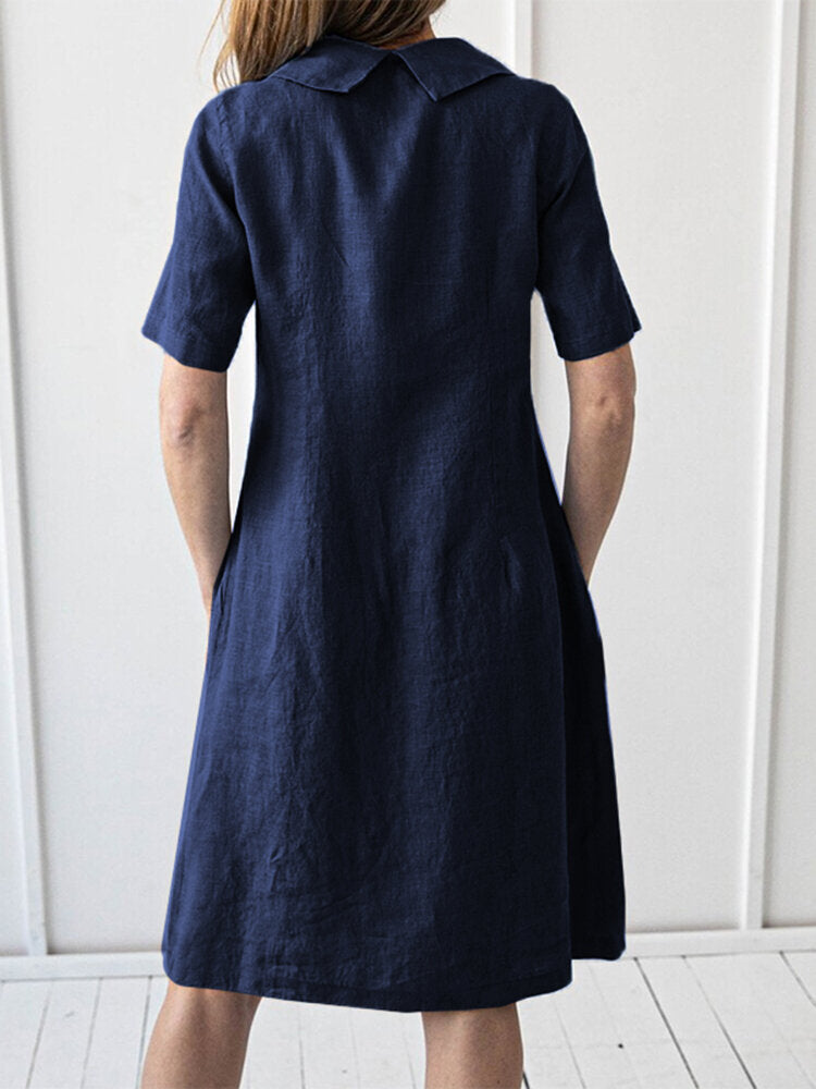 Solid Short Sleeve Pocket Lapel Dress For Women