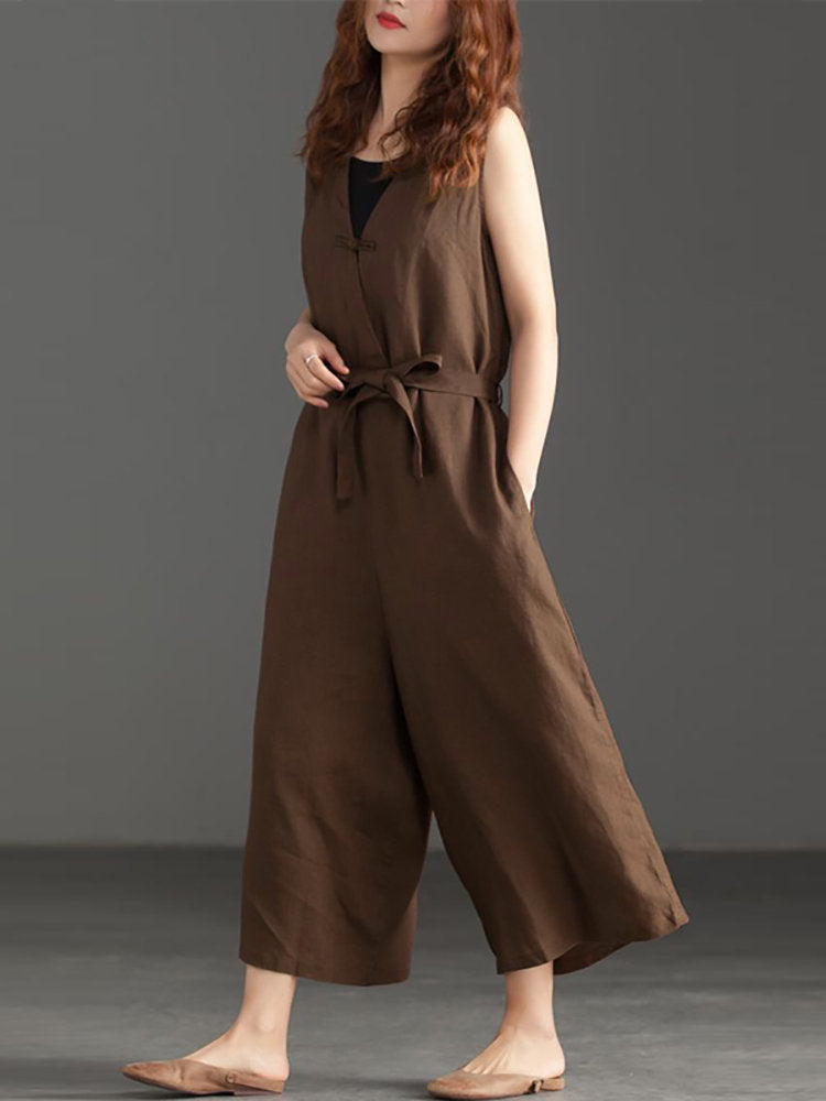 Women V-neck Belted Flare Overalls Jumpsuits