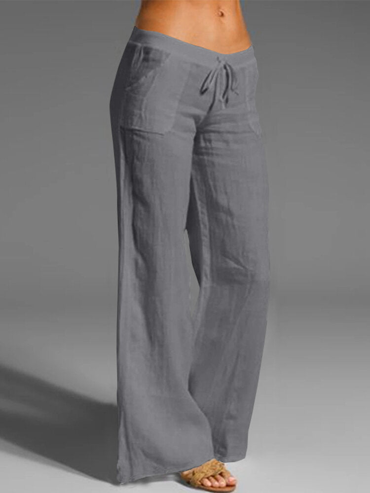 Solid Drawstring Waist Pocket Wide Leg Pants For Women