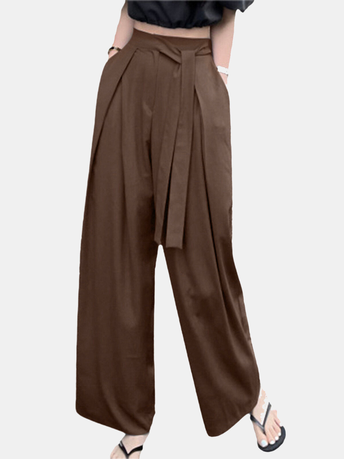 Solid Pocket Belt Wide Leg Pants For Women
