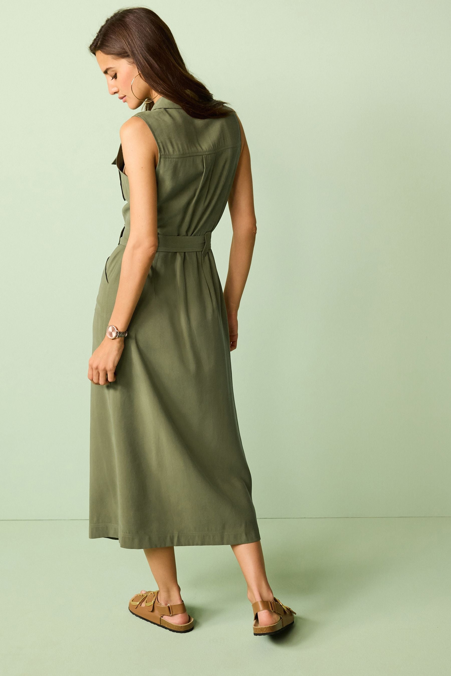 Sleeveless Belted Button Down Women Dress