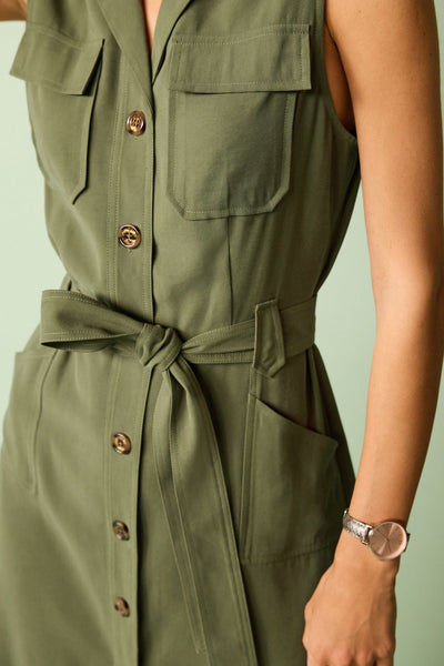 Sleeveless Belted Button Down Women Dress
