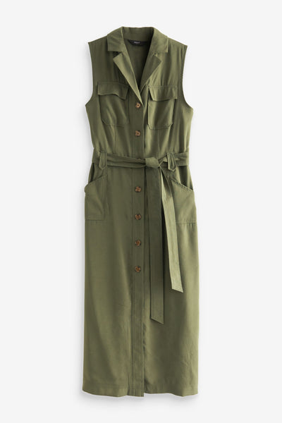 Sleeveless Belted Button Down Women Dress