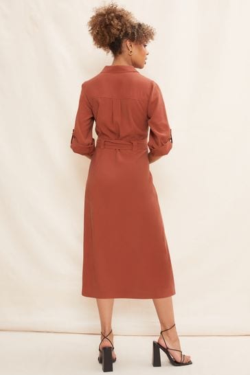 Stylish Utility Belted Long Sleeve Midi Dress