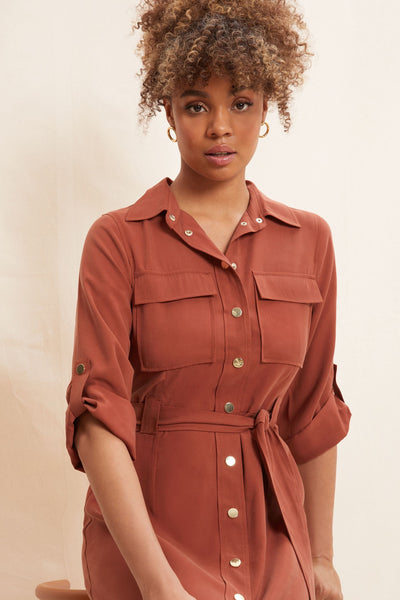 Stylish Utility Belted Long Sleeve Midi Dress