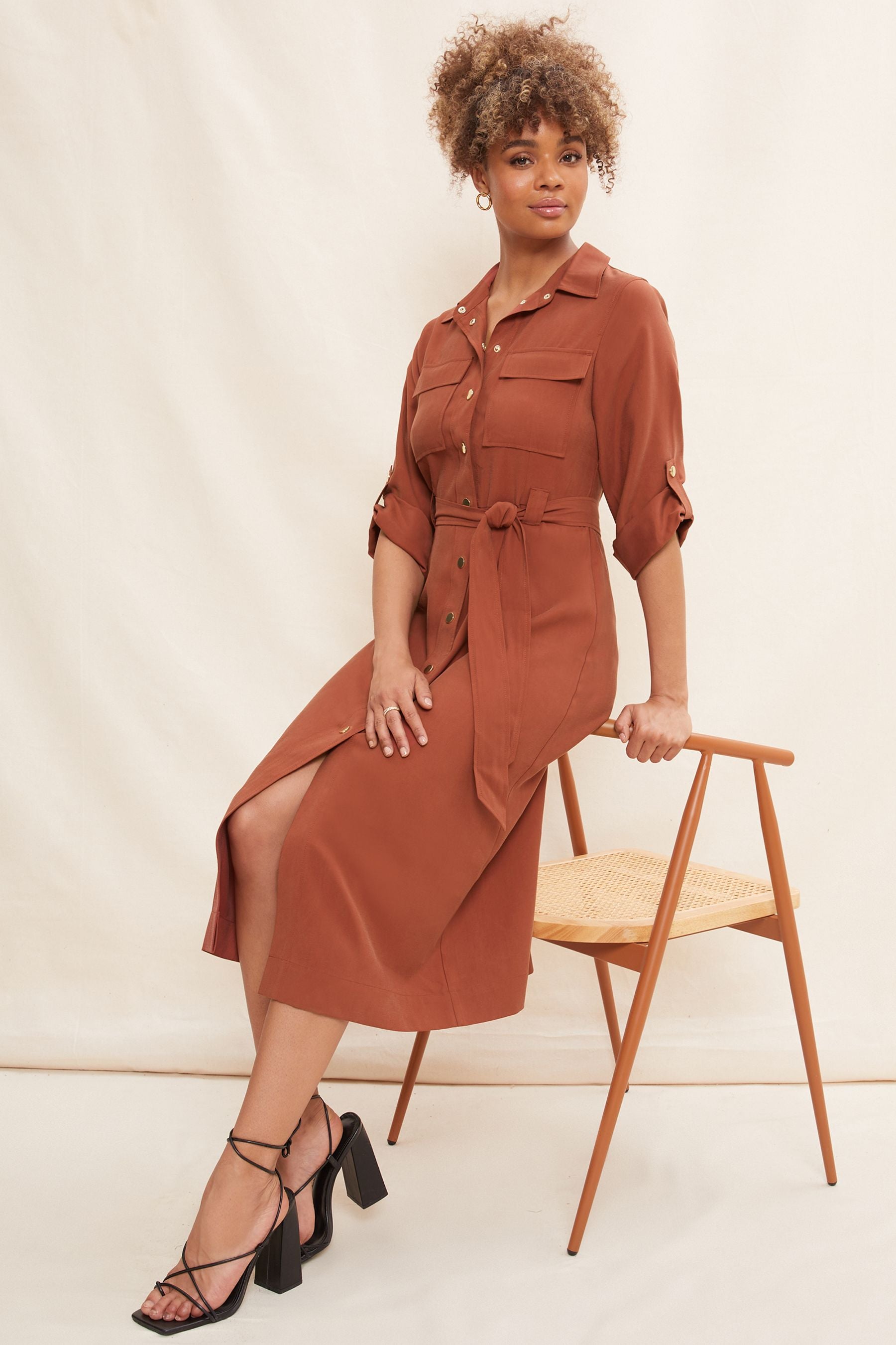Stylish Utility Belted Long Sleeve Midi Dress