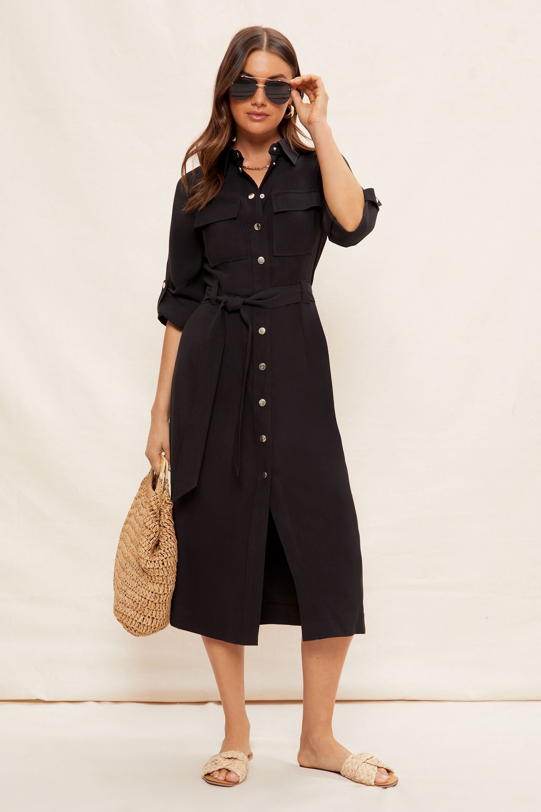 Stylish Utility Belted Long Sleeve Midi Dress
