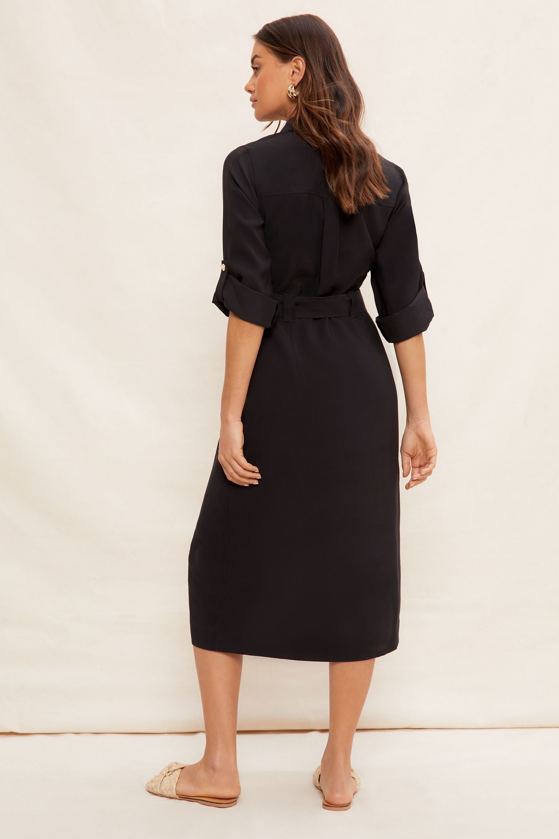 Stylish Utility Belted Long Sleeve Midi Dress