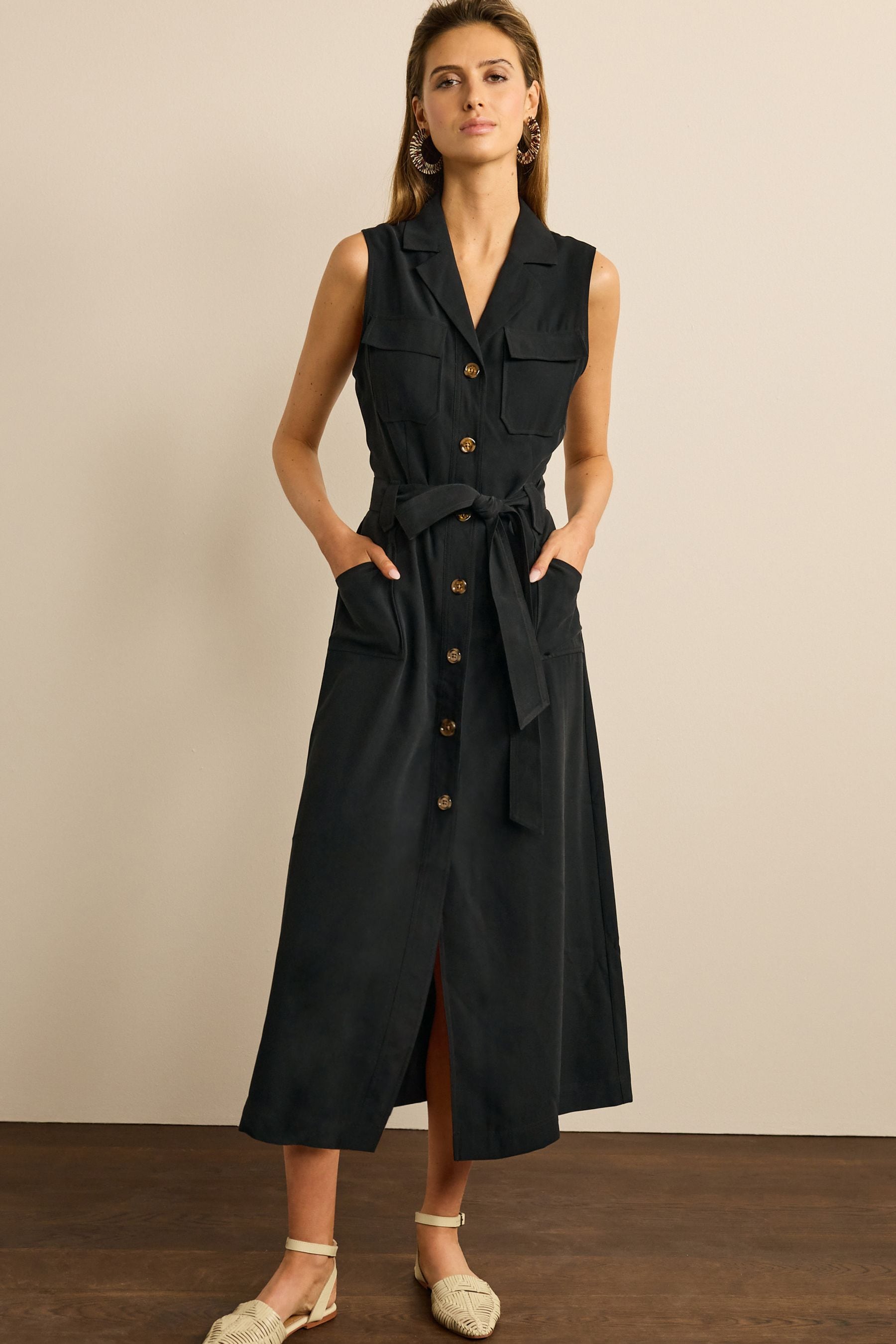 Sleeveless Belted Button Down Women Dress