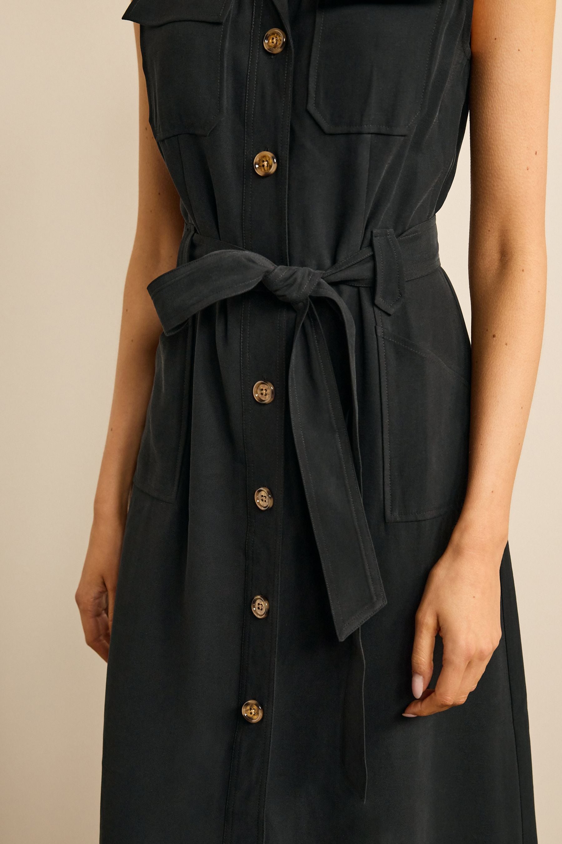 Sleeveless Belted Button Down Women Dress