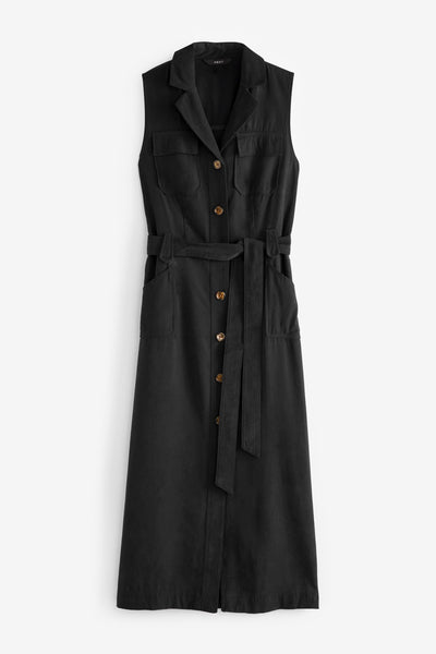 Sleeveless Belted Button Down Women Dress