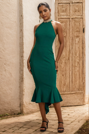 Green Neck Women Midi Dress