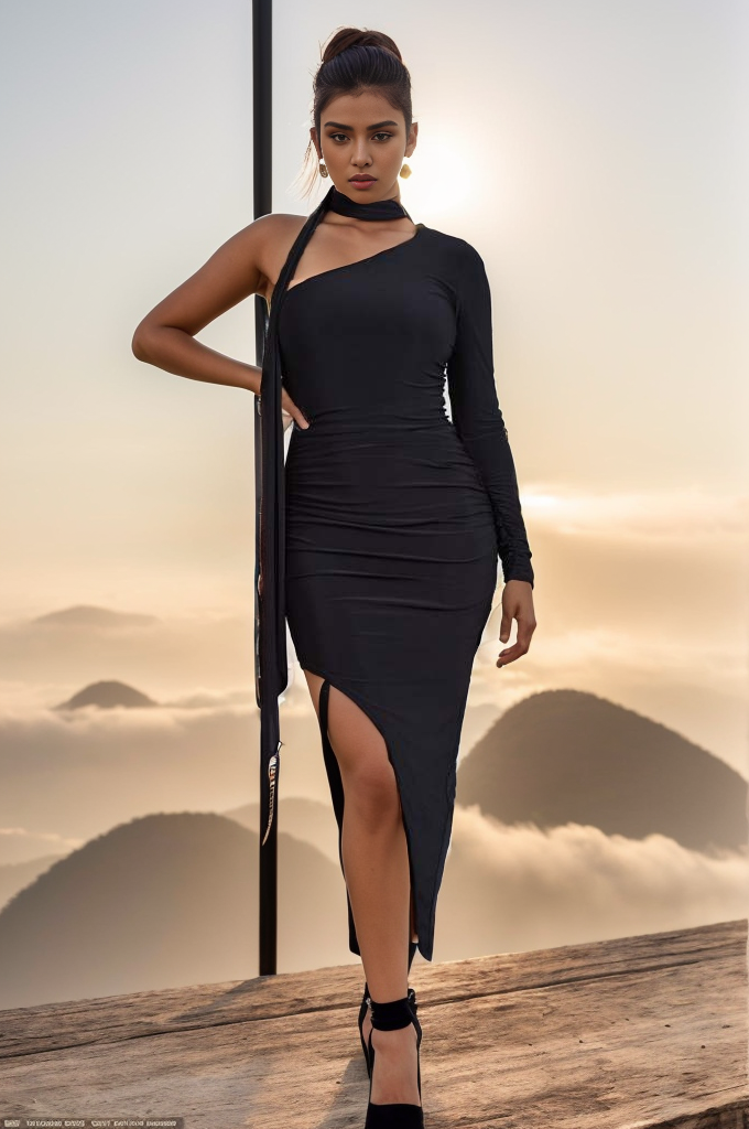 Black One sleeved Women Midi Dress