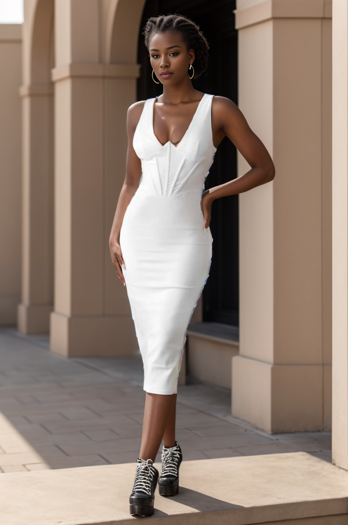 PLUNGE NECK CORSET WHITE MIDI DRESS