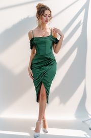 SATIN SLEEVE CORSET WRAP WOMEN'S MIDI DRESS