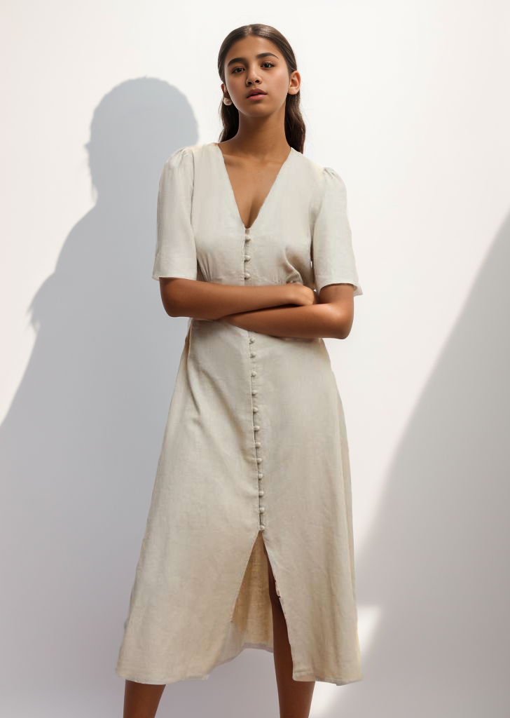 Buttoned Linen Blend Women's Midi Dress