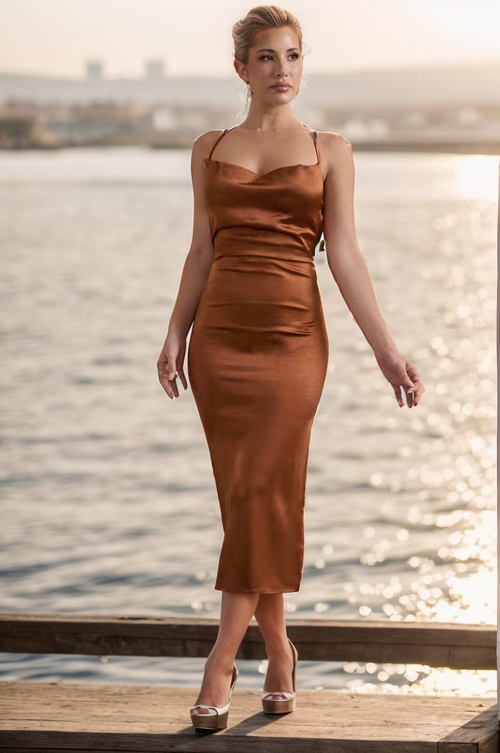 Copper Cowl Neck Midi Dress with Waist Tie